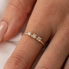 Fasek Gold Gümüş Yüzük -  Gümüş Yüzük - Swarovski Tria Taşlı Modern Tasarım 925 Ayar Gümüş Yüzük
