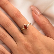 Fasek Gold Gümüş Yüzük -  Akik Taşlı Oval Kesim Boğumlu Tektaş Modern Tasarım 925 Ayar Gümüş Kadın Yüzük