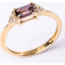 Fasek Gold Altın Yüzük - 14 Ayar Altın Zümrüt Kesim Smoky Taşlı Minimal Yüzük - Eşe, Sevgiliye Hediye Yüzük