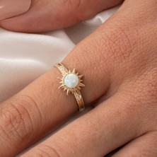 Fasek Gold Altın Yüzük -  Altın Yüzük - Oval Kesim Opal Taşlı Güneş Tasarım 14 Ayar Altın Yüzük