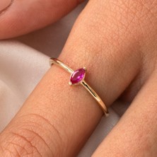 Fasek Gold Altın Yüzük -  Altın Yüzük - Markiz Ruby Taşlı Minimal Tasarım Tektaş Kadın 14 Ayar Altın Yüzük