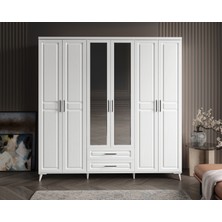 GuneyStore Ücretsiz Montaj - %100 MDF Gözde 6 Kapaklı Aynalı Beyaz Gardırop - MDF Dolap - Elbise Dolabı