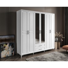 GuneyStore Ücretsiz Montaj - %100 MDF Gözde 6 Kapaklı Aynalı Beyaz Gardırop - MDF Dolap - Elbise Dolabı