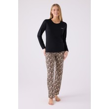 Pierre Cardin 8891 Paris Kadın Yuvarlak Yaka Siyah Uzun Kol Pijama Takım
