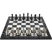 Premium Black Metal Klasik Satranç Takımı ve Katlanır Mermer Desenli Mdf Tahtası (43X43 Cm.)