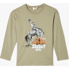 Koton Oversize Tişört Kovboy Baskılı Uzun Kollu Bisiklet Yaka Pamuklu