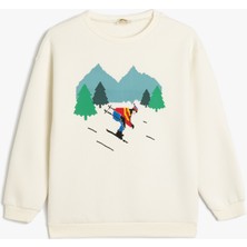 Koton Sweatshirt Kayak Baskılı Bisiklet Yaka Uzun Kollu Şardonlu