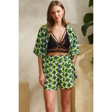 Anıl 5741 Kadın Dokuma Viskon Önden Düğmeli Yarım Kollu Gömlek ve Yandan Cepli Şort Pijama Takım