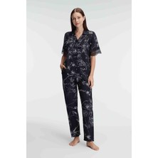 Anıl 9895 Yarım Kollu V Yaka Kadın Viskon Çiçek Desenli Yazlık Dokuma Dantel Detaylı Pijama Takımı
