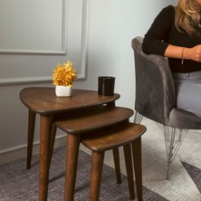 Trihome Masif Doğal Ahşap Zigon Sehpa 3'lü Set Modern Masif Yan Sehpa Ceviz