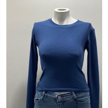 Oceans Butik Petrol Mavi Bisiklet Yaka Bluz Darkalıp Parmak Geçmeli  Ribana Kumaş Darkalıp Spor Body