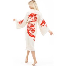 Elif Towels Ejderha Desenli Ekru Renk Kimono Kaftan