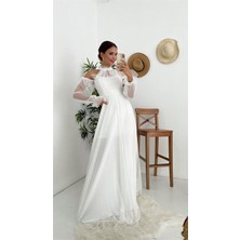 Dip Moda Dipmoda kadın beyaz tül drapeli uzun abiye elbise DPSWLL07