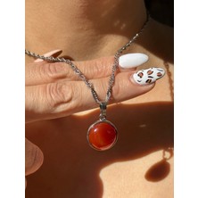 Pure Gem Akik Doğal Taş Kolye Yuvarlak Taş Model Gümüş Kaplama