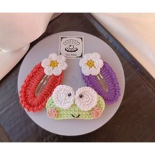 İnci Mode Sevimli Kurbağa Çiçekli Pembe Açık Mor 3'lü Çıtçıt Toka Seti,el Örgüsü Amigurumi Toka Pembe Tek Ebat