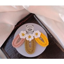 İnci Mode Papatya Çiçek Somon Haki Sarı 3 Lü Kombin Çıtçıt Toka Seti,el Örgüsü Toka Somon Tek Ebat