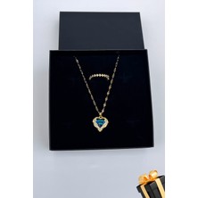 Trend Collection Kadın Paslanmaz Çelik Gold Zirkon Taşlı Kalp Kolye ve Taç Yüzük Set (Hediyelik)