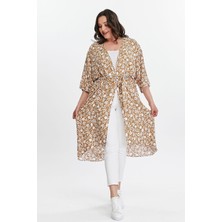 Büyük Beden Kadın Camel Çiçek Desenli Dokuma Kimono