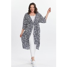 Büyük Beden Kadın Lacivert Çiçek Desenli Dokuma Kimono