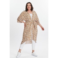 Büyük Beden Kadın Camel Çiçek Desenli Dokuma Kimono
