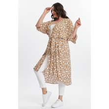 Büyük Beden Kadın Camel Çiçek Desenli Dokuma Kimono