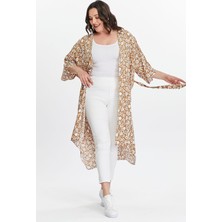 Büyük Beden Kadın Camel Çiçek Desenli Dokuma Kimono