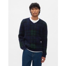 Gap Erkek Koyu Mavi Ekose V Yaka Kazak