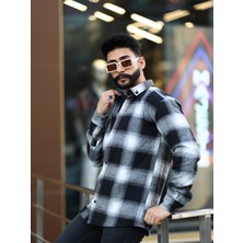 Oduncu Gömlek Siyah Beyaz Çizgili Dik Yaka Düğmeli