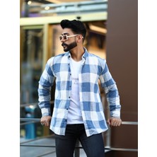 Mavisima Erkek Giyimi Oduncu Gömlek Erkek Mavi Beyaz Düğmeli Slim Fit Trend Uzun Kol Ekose Desenli