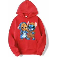 Kids Face Özel Tasarım Kapüşonlu Groot ve Arkadaşı Baskılı Şardonlu Kışlık Erkek Çocuk Sweatshırt