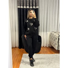 Shine & Style Kalp Detay Taş İşleme Sweatshirt Siyah