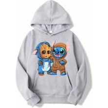 Kids Face Özel Tasarım Kapüşonlu Groot ve Arkadaşı Baskılı Şardonlu Kışlık Erkek Çocuk Sweatshırt