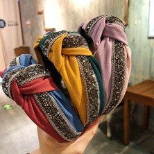 Renjie Shop C Mavi ve Haki Stili Pullu Patchwork Kafa Bandı Turuncu Saç Bantları Kadın Renk Blok Saç Bandı Aksesuarlar Fiyonk Çapraz Bağ Geniş Yan (Yurt Dışından)