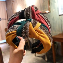 Renjie Shop C Mavi ve Haki Stili Pullu Patchwork Kafa Bandı Turuncu Saç Bantları Kadın Renk Blok Saç Bandı Aksesuarlar Fiyonk Çapraz Bağ Geniş Yan (Yurt Dışından)