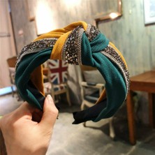 Renjie Shop C Mavi ve Haki Stili Pullu Patchwork Kafa Bandı Turuncu Saç Bantları Kadın Renk Blok Saç Bandı Aksesuarlar Fiyonk Çapraz Bağ Geniş Yan (Yurt Dışından)