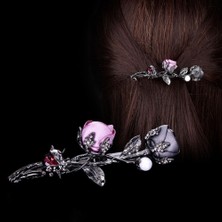 Renjie Shop C Mor ve Gri Tarzı Moda Kadın Düğün Takı Yaprak Saç Aksesuarları Bahar Klips Gül Çiçeği Kristal Saç Tokası Toka Barrette (Yurt Dışından)