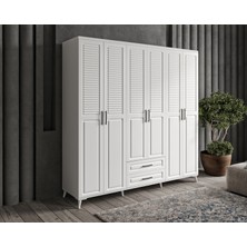 GuneyStore - Sanat 6 Kapaklı Beyaz Gardırop - Komple MDF Çekmeceli Elbise Dolabı - Ücretsiz Montaj