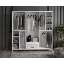 GuneyStore - Sanat 6 Kapaklı Beyaz Gardırop - Komple MDF Çekmeceli Elbise Dolabı - Ücretsiz Montaj