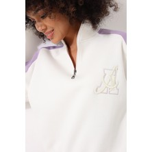 Amida Lila Kadın Yarım Balıkçı Yaka Fermuarlı Blok Parçalı Nakış Detaylı Oversize Sweatshirt - 2451