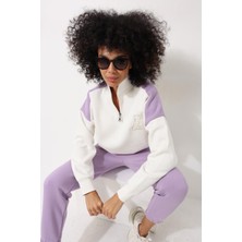 Amida Lila Kadın Yarım Balıkçı Yaka Fermuarlı Blok Parçalı Nakış Detaylı Oversize Sweatshirt - 2451