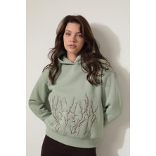 Amida Yeşil Önü ve Kapüşonu Dal Nakışlı Kapüşonlu Sweatshirt - 2429