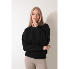 Amida Siyah Sırtı Etnik Çiçek Nakış Işlemeli Bisiklet Yaka Sweatshirt - 2438