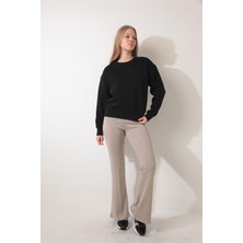 Amida Siyah Sırtı Etnik Çiçek Nakış Işlemeli Bisiklet Yaka Sweatshirt - 2438