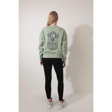 Amida Yeşil Sırtı Etnik Çiçek Nakış Işlemeli Bisiklet Yaka Sweatshirt - 2438