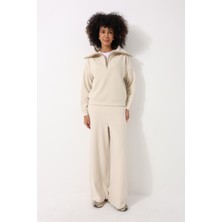 Amida Ekru Selanik Kumaş Şal Yaka Oversize Fermuarlı Kadın Sweatshirt - 2441