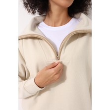 Amida Ekru Selanik Kumaş Şal Yaka Oversize Fermuarlı Kadın Sweatshirt - 2441