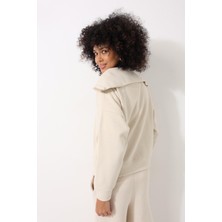 Amida Ekru Selanik Kumaş Şal Yaka Oversize Fermuarlı Kadın Sweatshirt - 2441