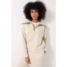 Amida Ekru Selanik Kumaş Şal Yaka Oversize Fermuarlı Kadın Sweatshirt - 2441