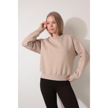 Amida Bej Arkası Gül Nakışlı Bisiklet Yaka Sweatshirt - 2432