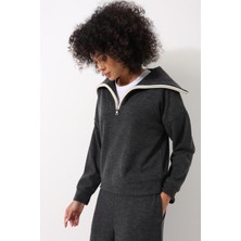 Amida Antrasit Selanik Kumaş Şal Yaka Oversize Fermuarlı Kadın Sweatshirt - 2441